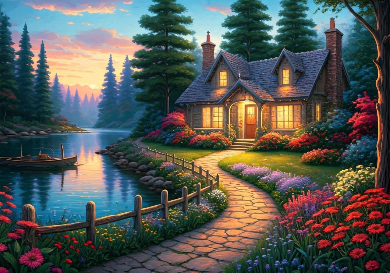 Peaceful Cottage by Tranquil Lake in Thomas Kinkade Style