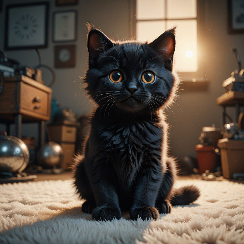 Surreal Whimsical Black Kitten on Fluffy White Rug