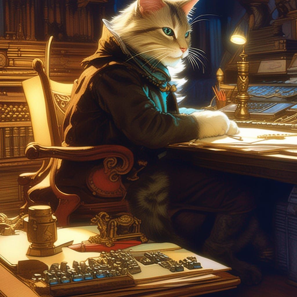 Cat Typist in Hyperdetailed Aquarelle Style