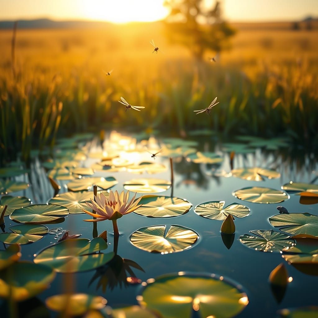 Serene Pond with Lily Pads and Dragonflies at Golden Hour