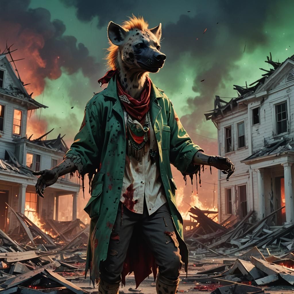 Hyena Humanoid in Presidential Outfit Before Destroyed White...