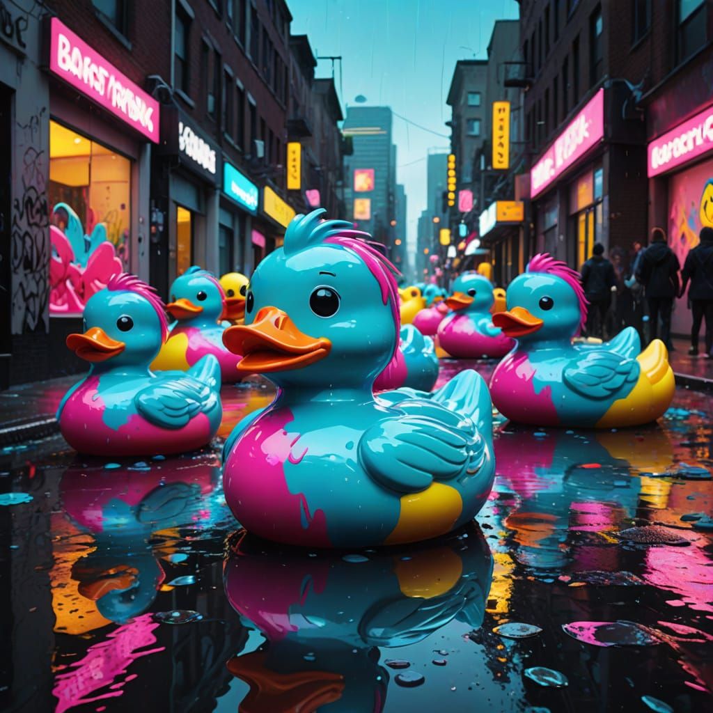 Neon Rubber Duck Parade in Graffiti Art Style