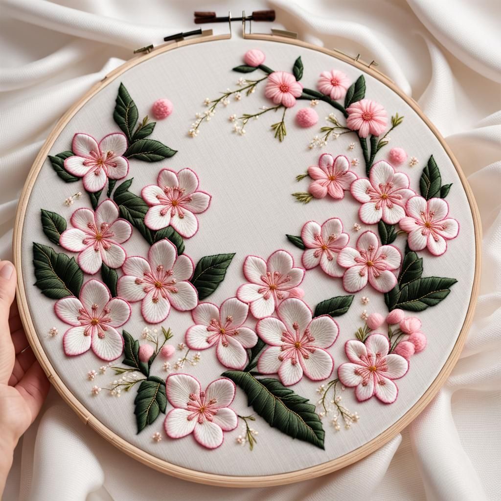 Exquisite Embroidered Sakura and Jasmine Flowers