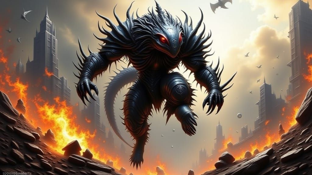 Chrome Alien Cyborg Over Metropolis in 3D Animation