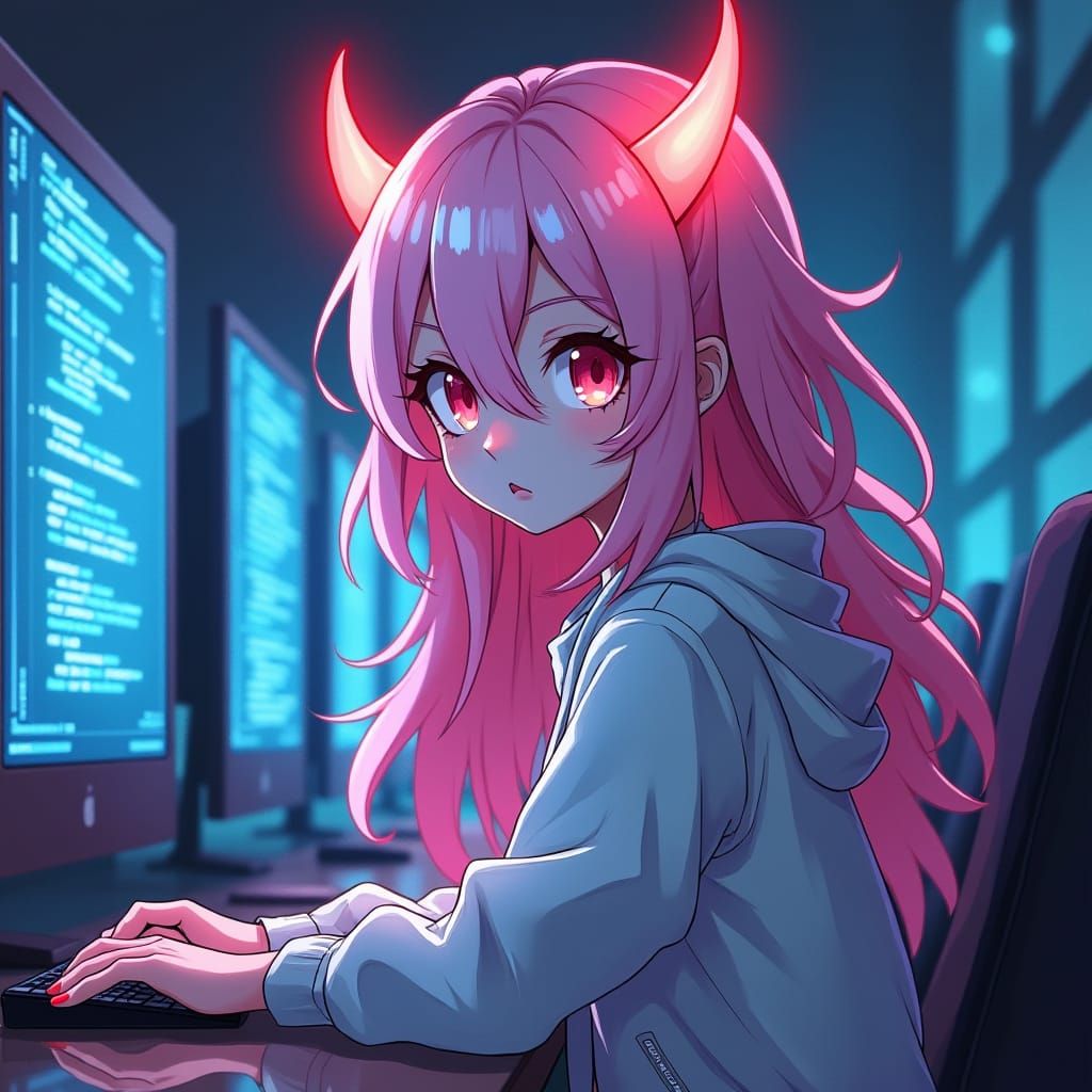 Girl Coder with Pink Hair in Cyberpunk Manga Style