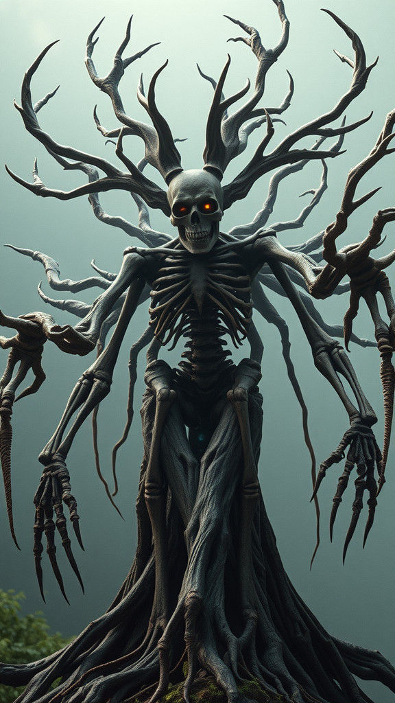 Twisted Tree-Like Demon with Petrified Wood Torso and Gnarle...
