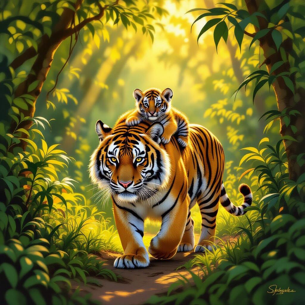 Mother Tiger Carries Cub Through Sun-Dappled Jungle