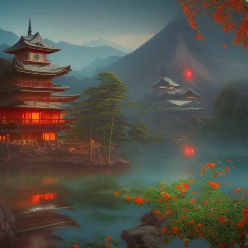 Japanese Woman in Kimono on Boat, Detailed Painting