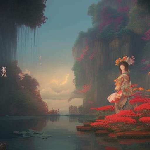 Japanese Woman in Kimono on Boat with Lanterns