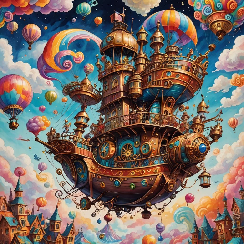 Steampunk Airship over Candyland in Gouache Style
