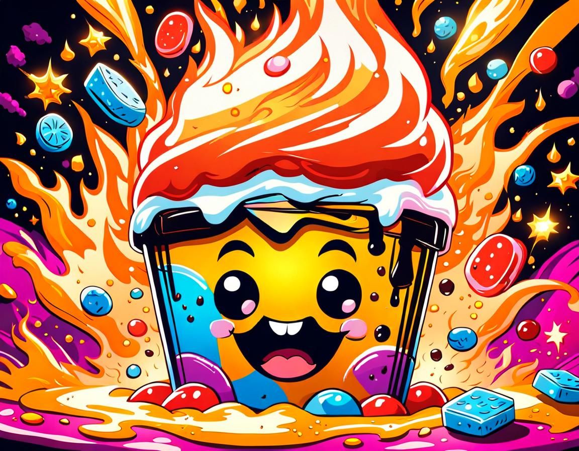 Pop Art Food Character in Flaming Kitchen