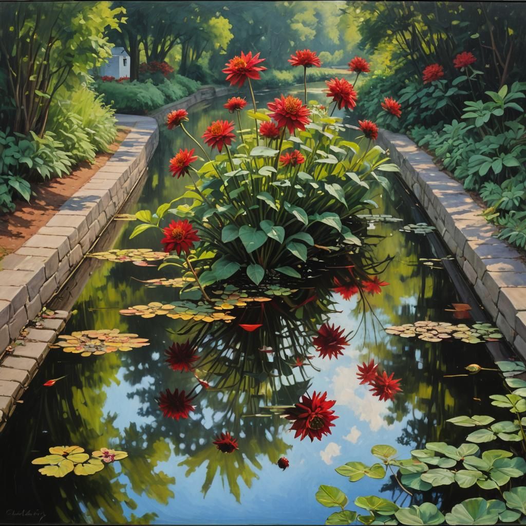 Red Dahlia Reflection: Canal Side Oil Painting