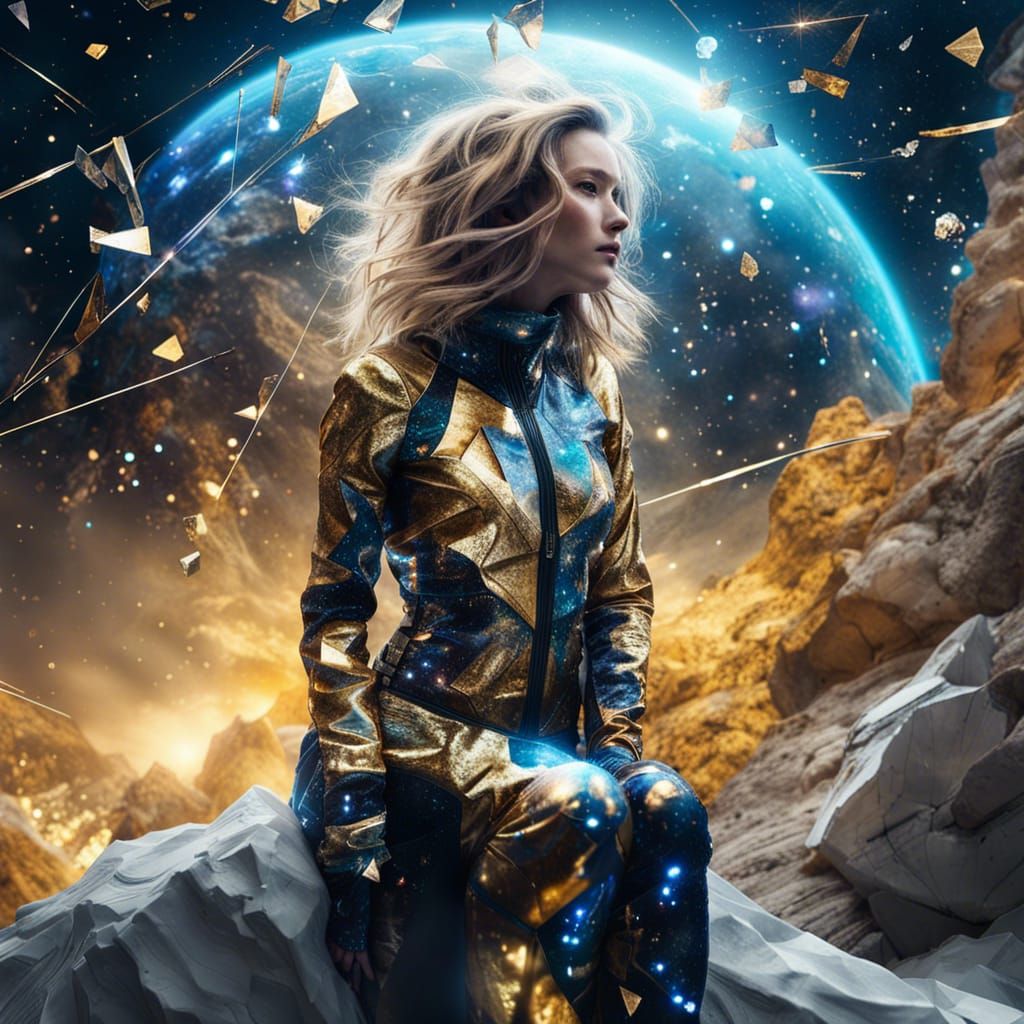 Nebula Catsuit Woman in Broken Space Landscape