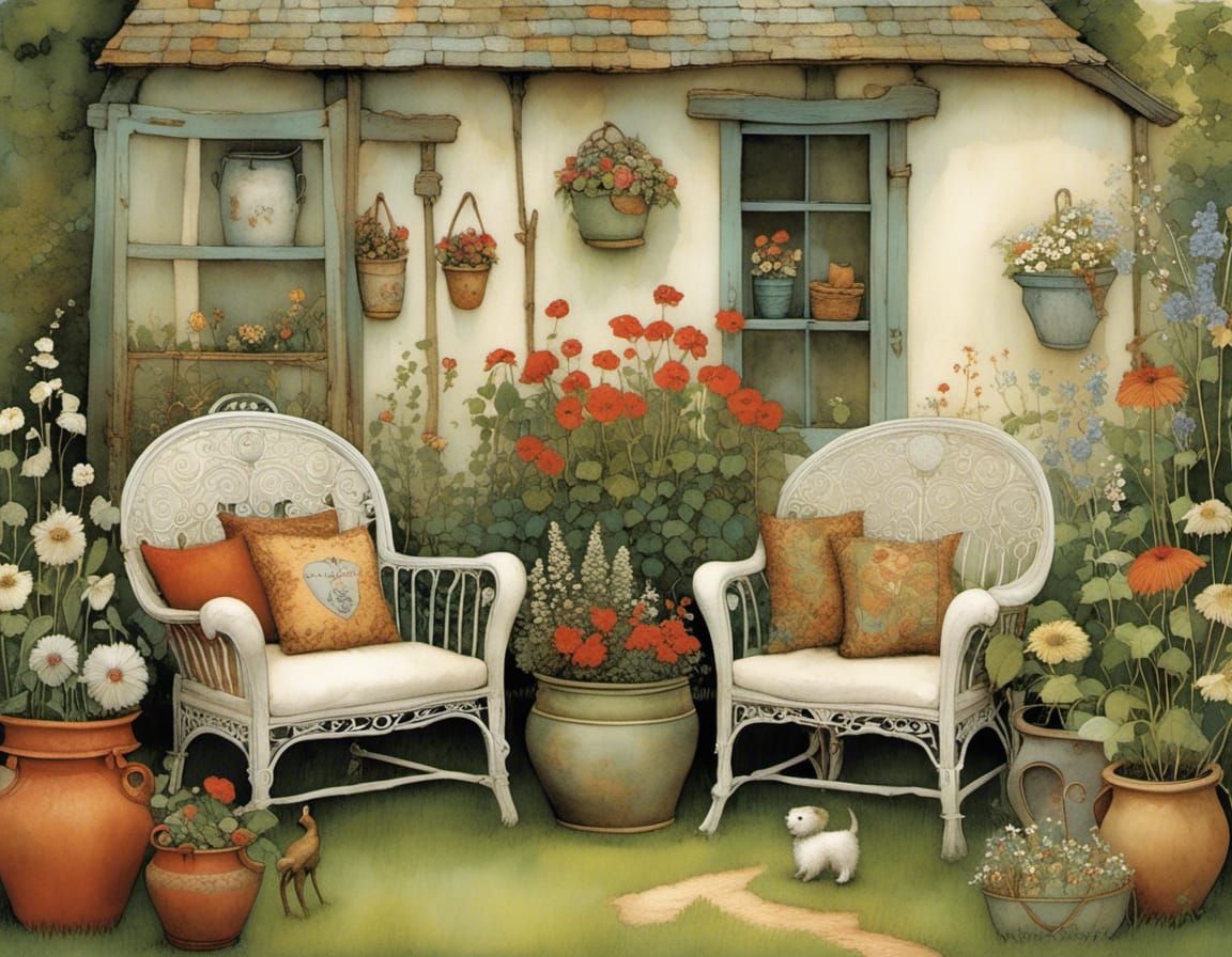 Blooming Garden Seating Area in Whimsical Style