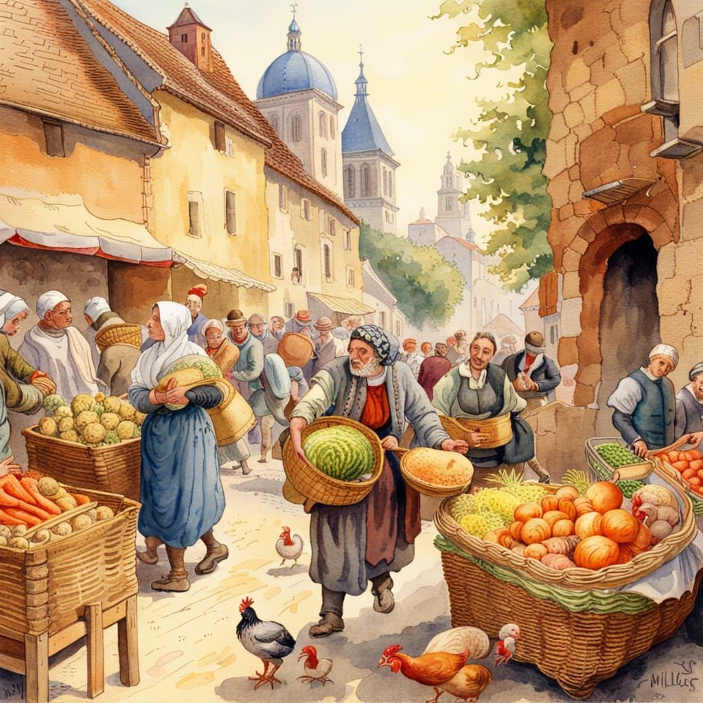 Vibrant Medieval Market Scene in Watercolor Style