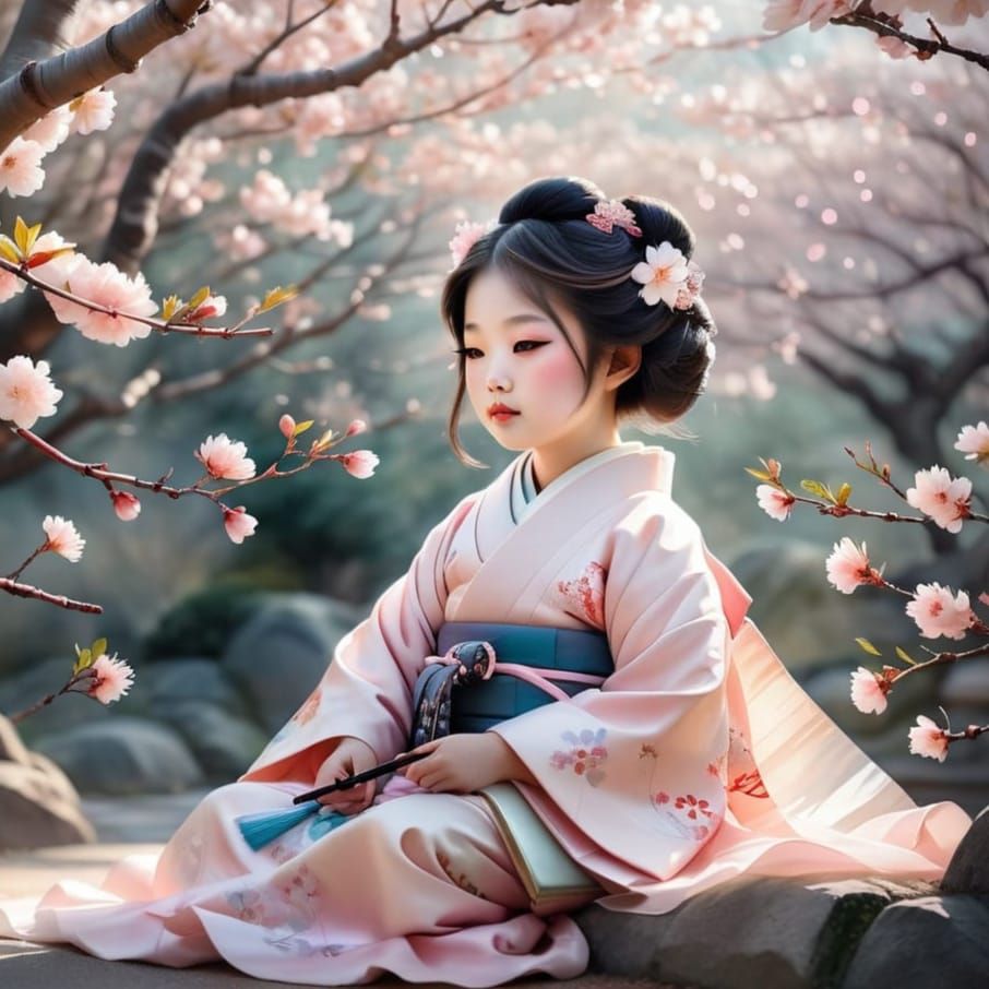 Toddler Geisha in Cherry Blossoms: Japanese Watercolor