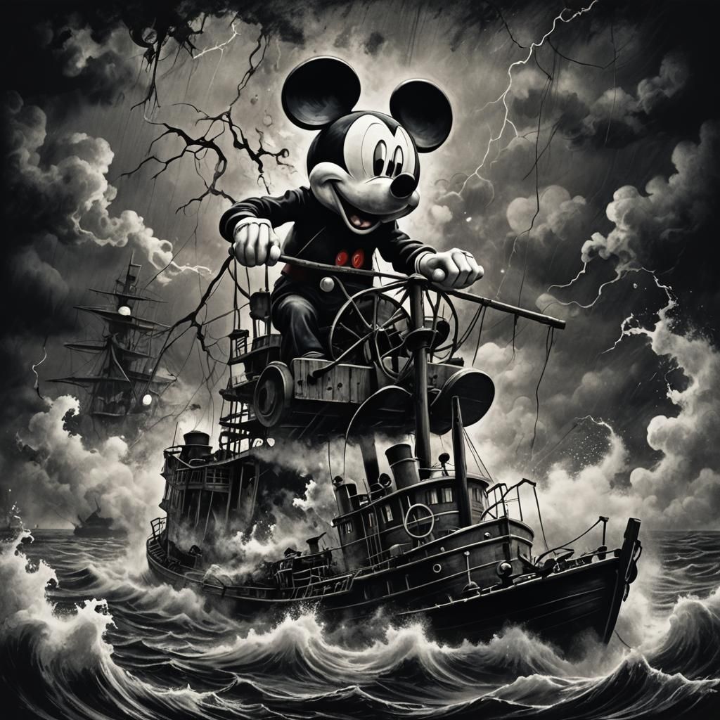 Demonic Mickey Steers Steamboat Willie: Dark Fantasy Art