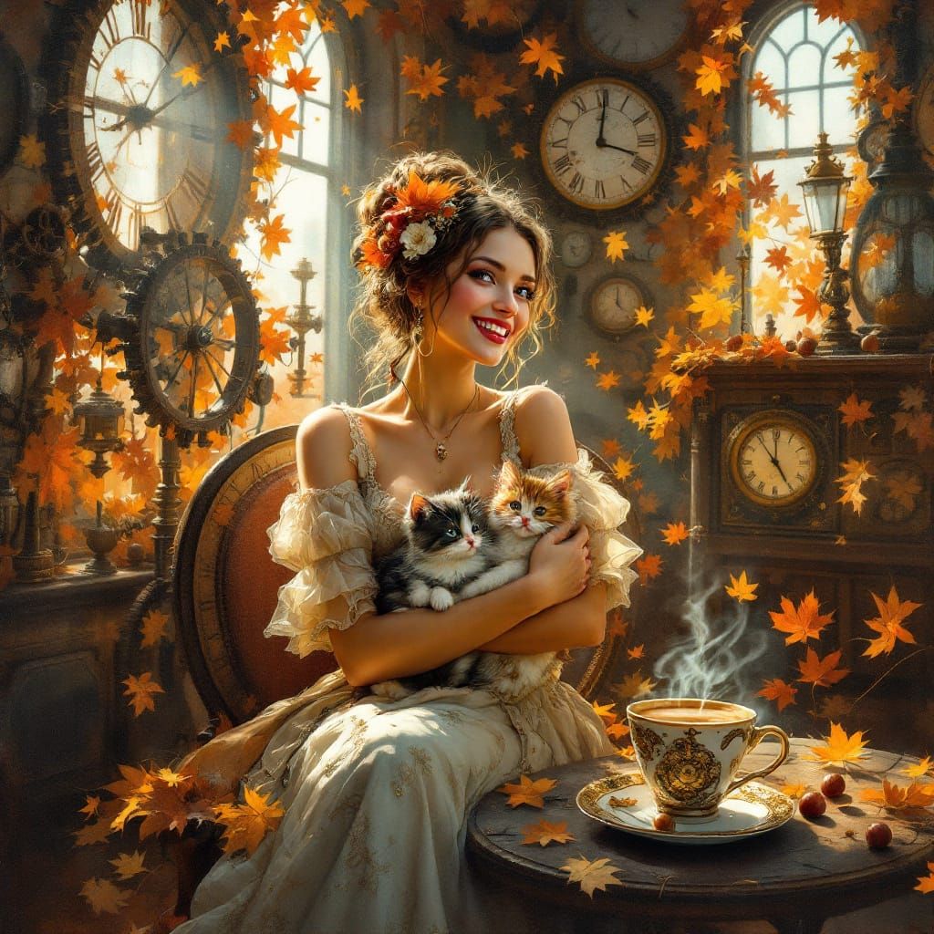 Steampunk Woman With Kittens in Cozy Autumn Interior