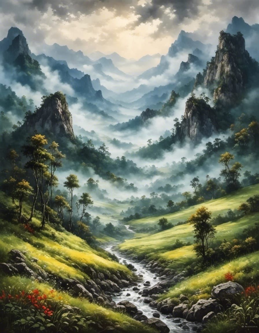 Misty Mountain Landscape in Dark Fantasy Style