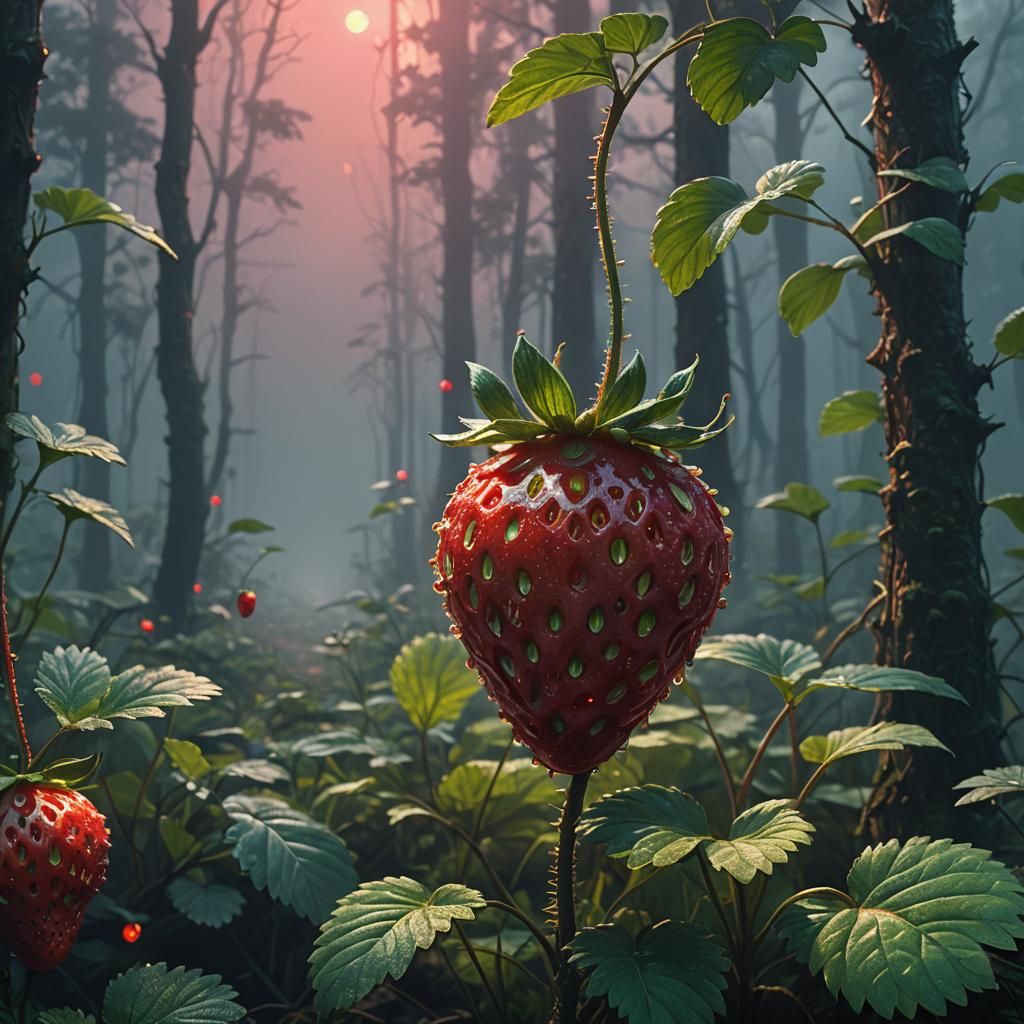 Glowing Ruby Strawberry in Mystical Forest