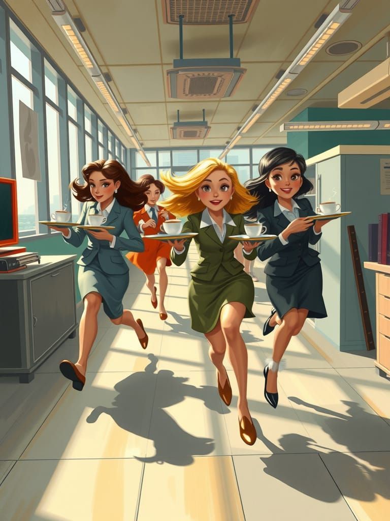 Whimsical Retro Office Race in Miyazaki Style