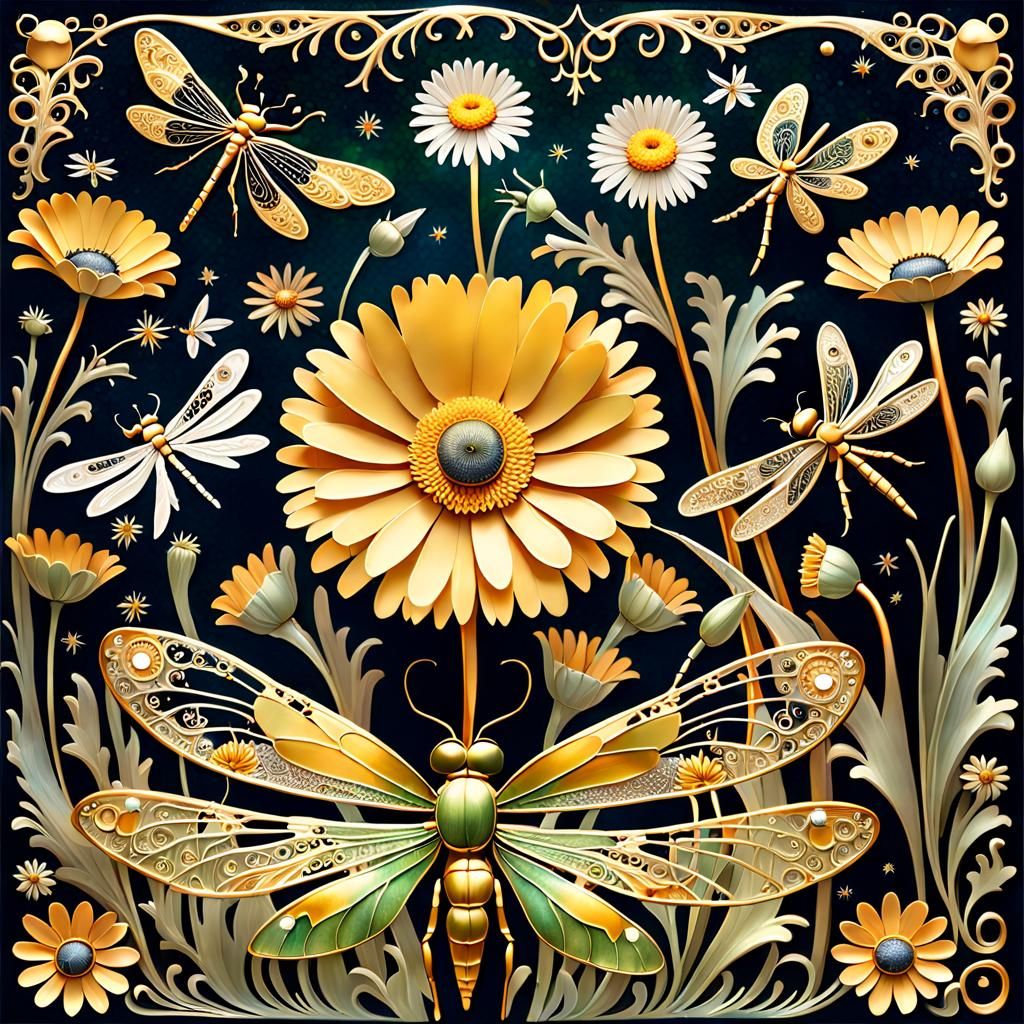 Surreal Floral Arrangement with Golden Dragonfly