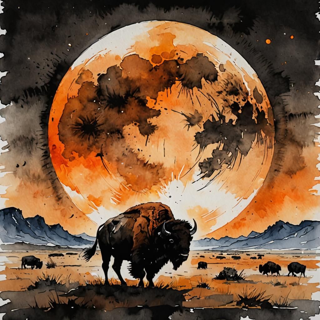 Bison Silhouette on Plains in Watercolor Style