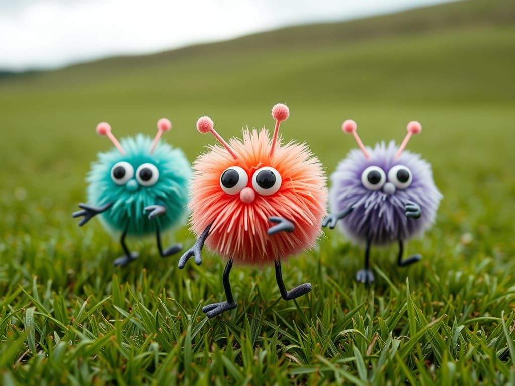 Playful Pompom Characters in a Surreal Landscape