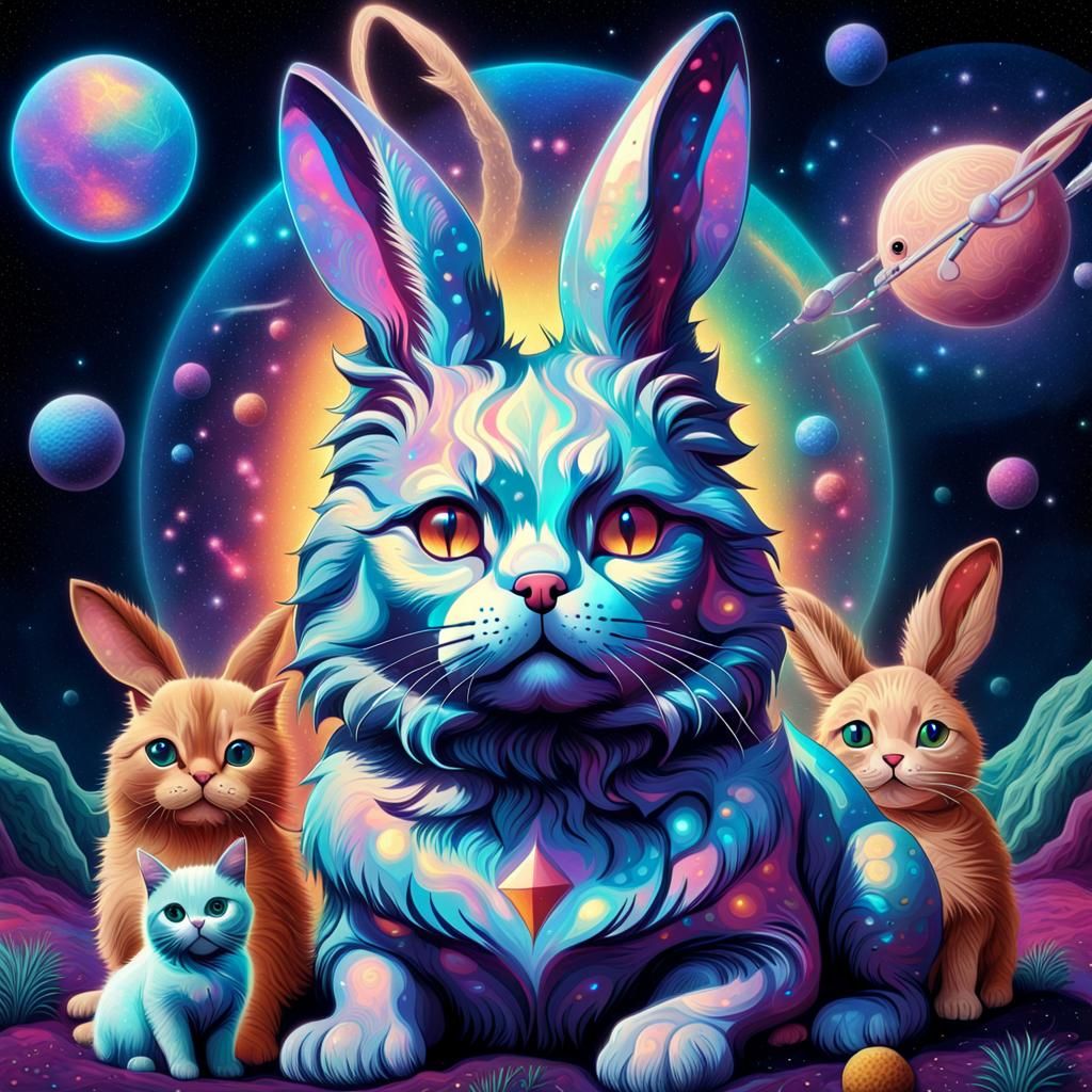 Holographic Cosmic Animals Illustration in Mixed Media