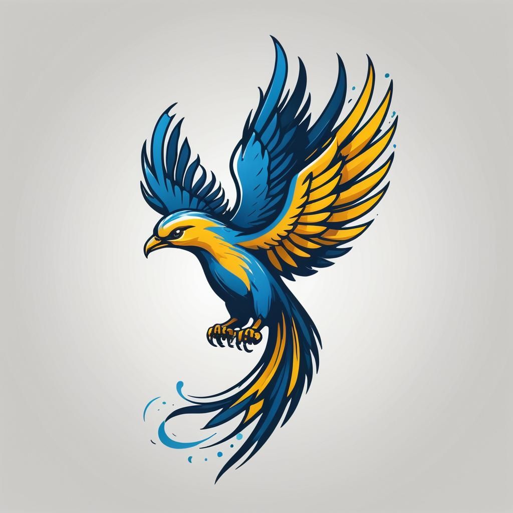 Surreal Blue and Yellow Firebird Soars Upwards in Vibrant Il...