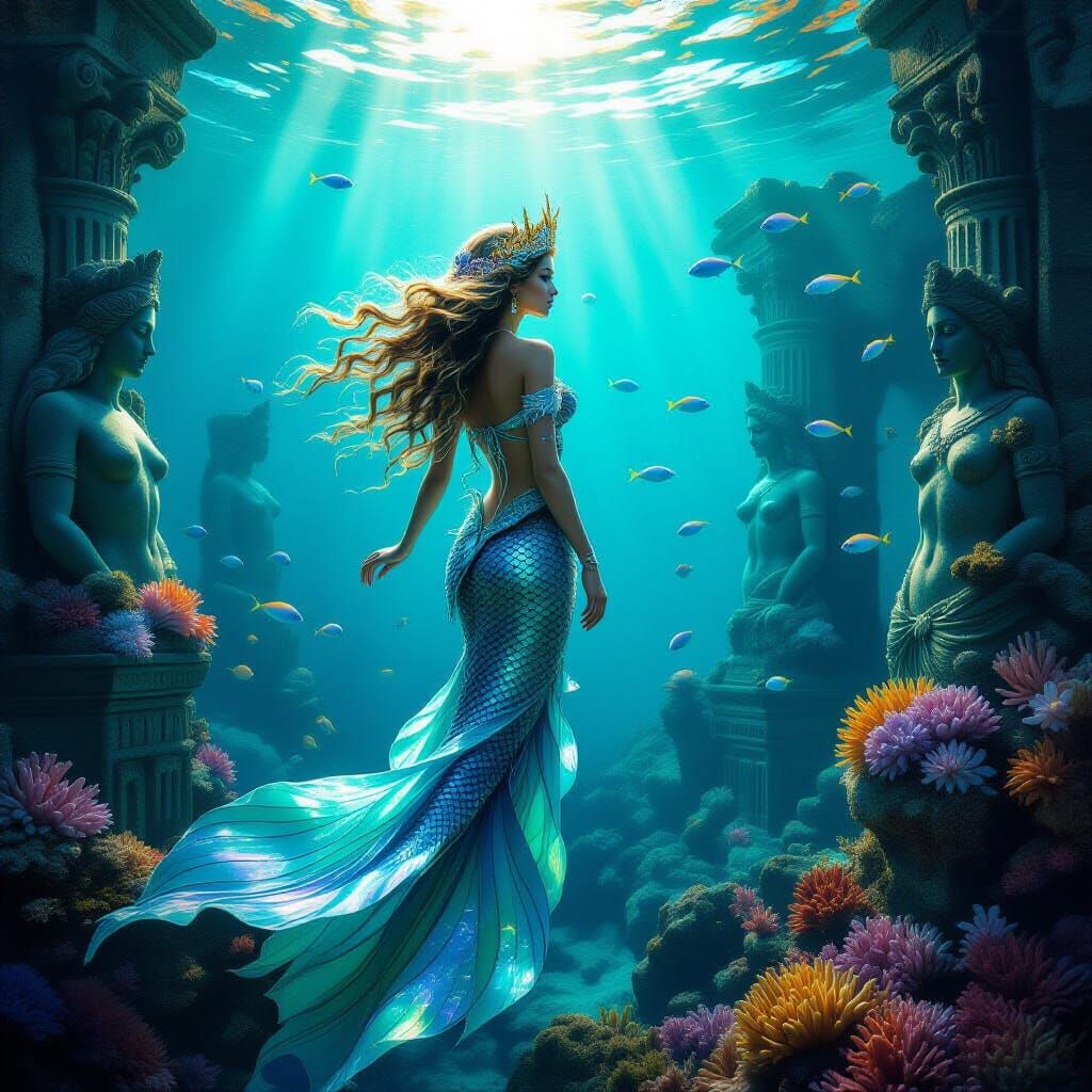 Mermaid Queen Discovers Ancient Ruins in Photorealistic Scen...