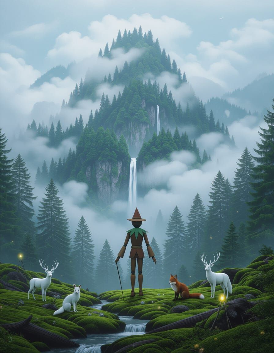 Enchanted Forest Guardian Marionette in Misty Mountain Vista