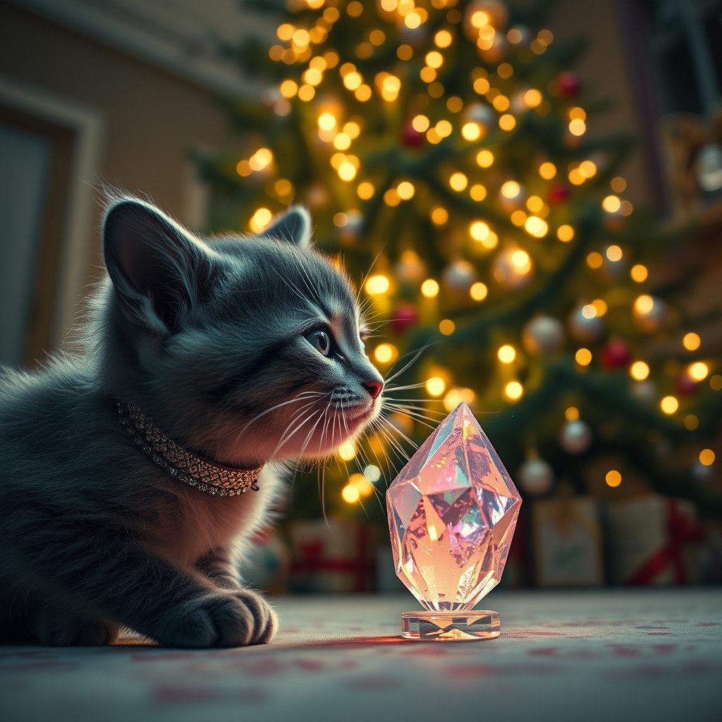 Mystical Christmas Scene with Grey Kitten and Neon Crystal