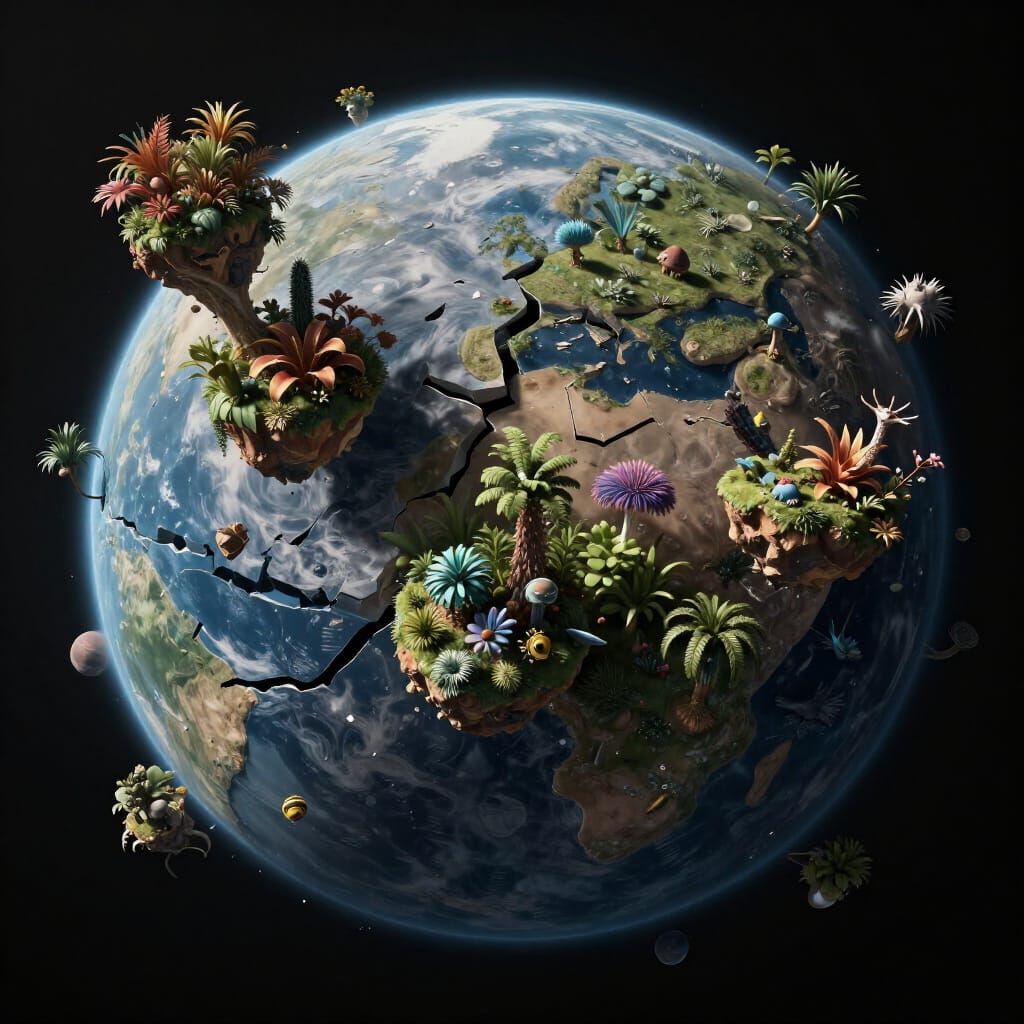 Fractured Planet with Lush Islands in 3D Render