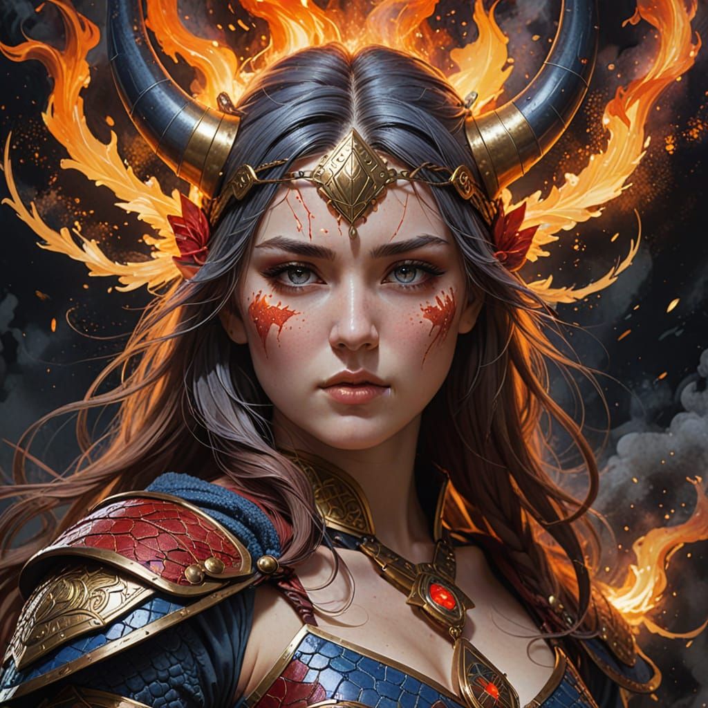 Viking Shieldmaiden in Fiery Sambuca, Manhwa-Inspired Art