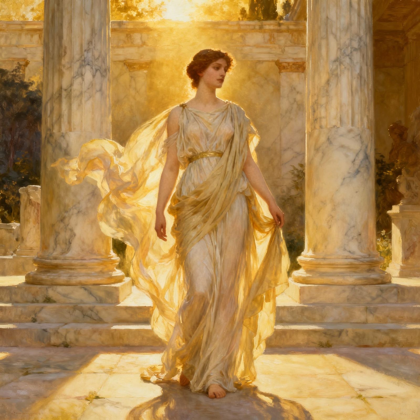 Ethereal Greek Goddess in Sunlit Temple
