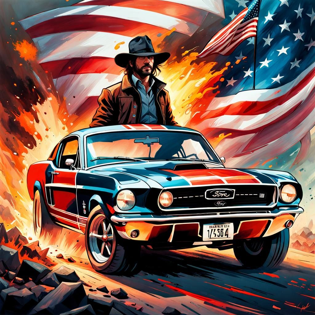 Burning '64 Mustang Portrait in Watercolor Style