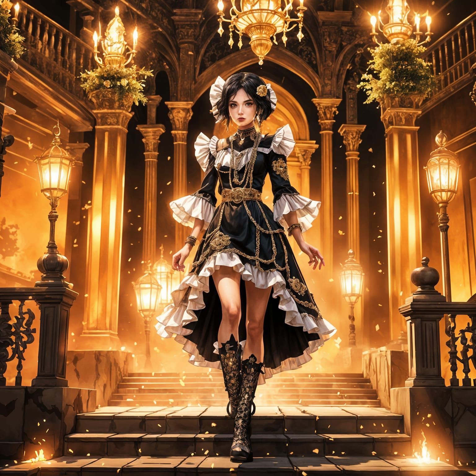 Anime Woman in Manor Stairs with Fantasy Makeup