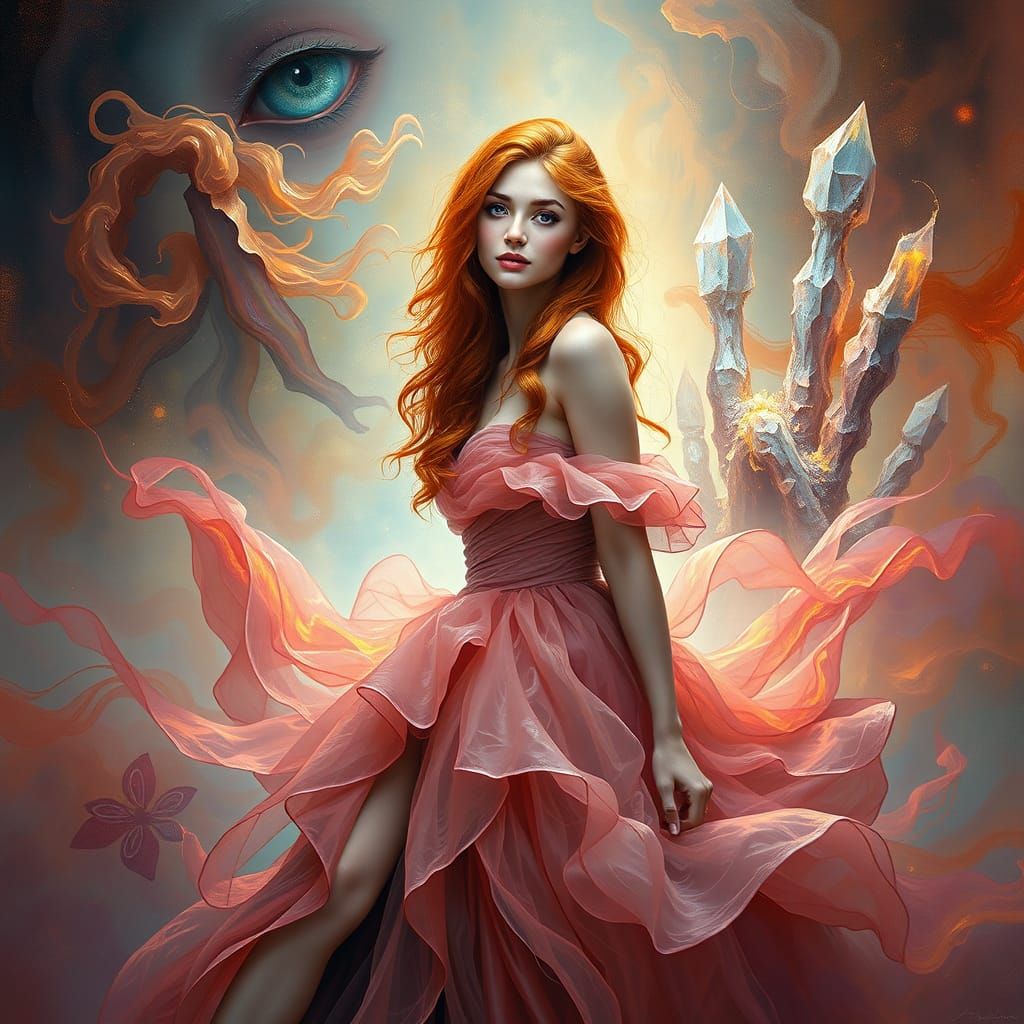 Surreal Goddess in Dreamlike Landscape with Swirling Mist an...