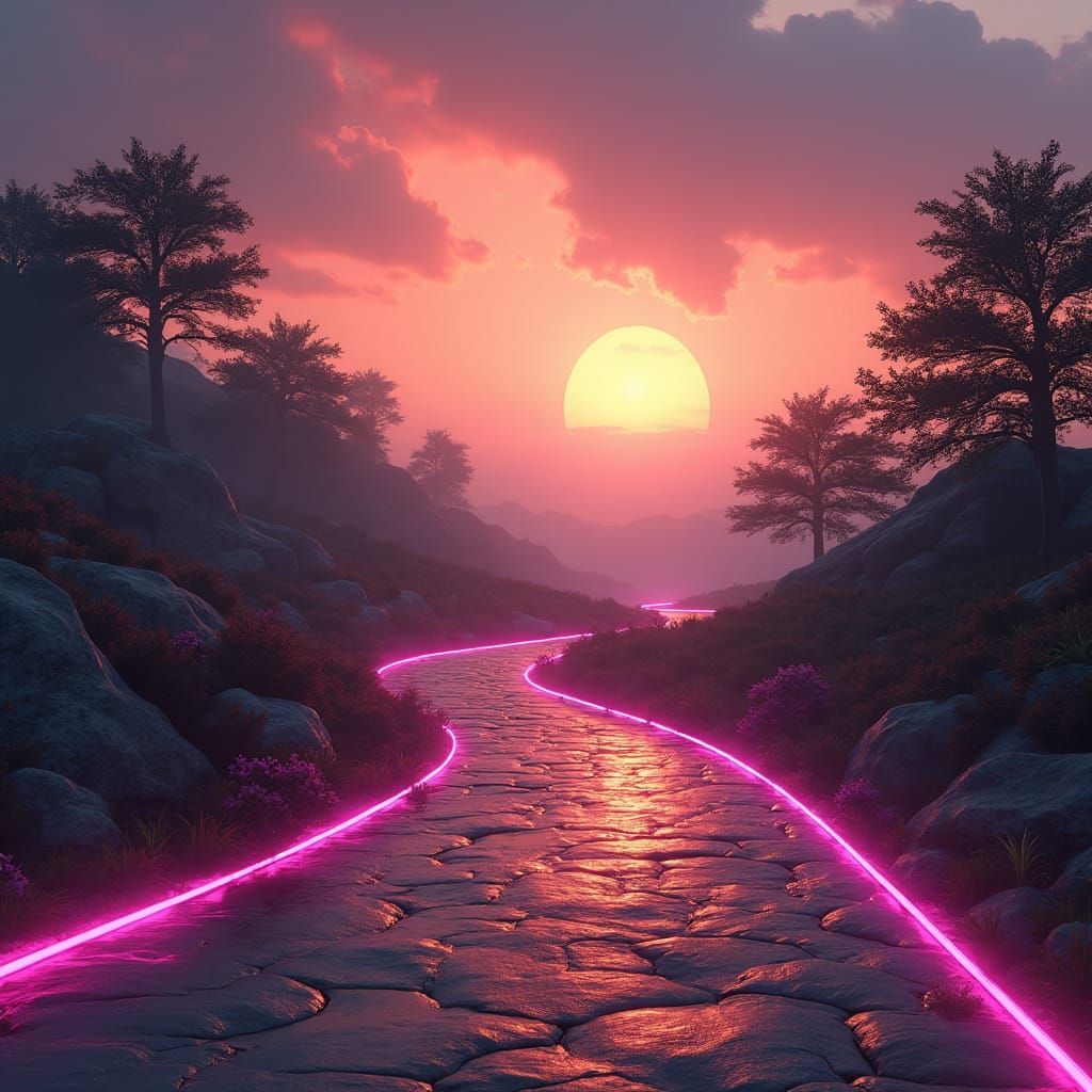 Glowing Pink Path to a Golden Sunset Landscape