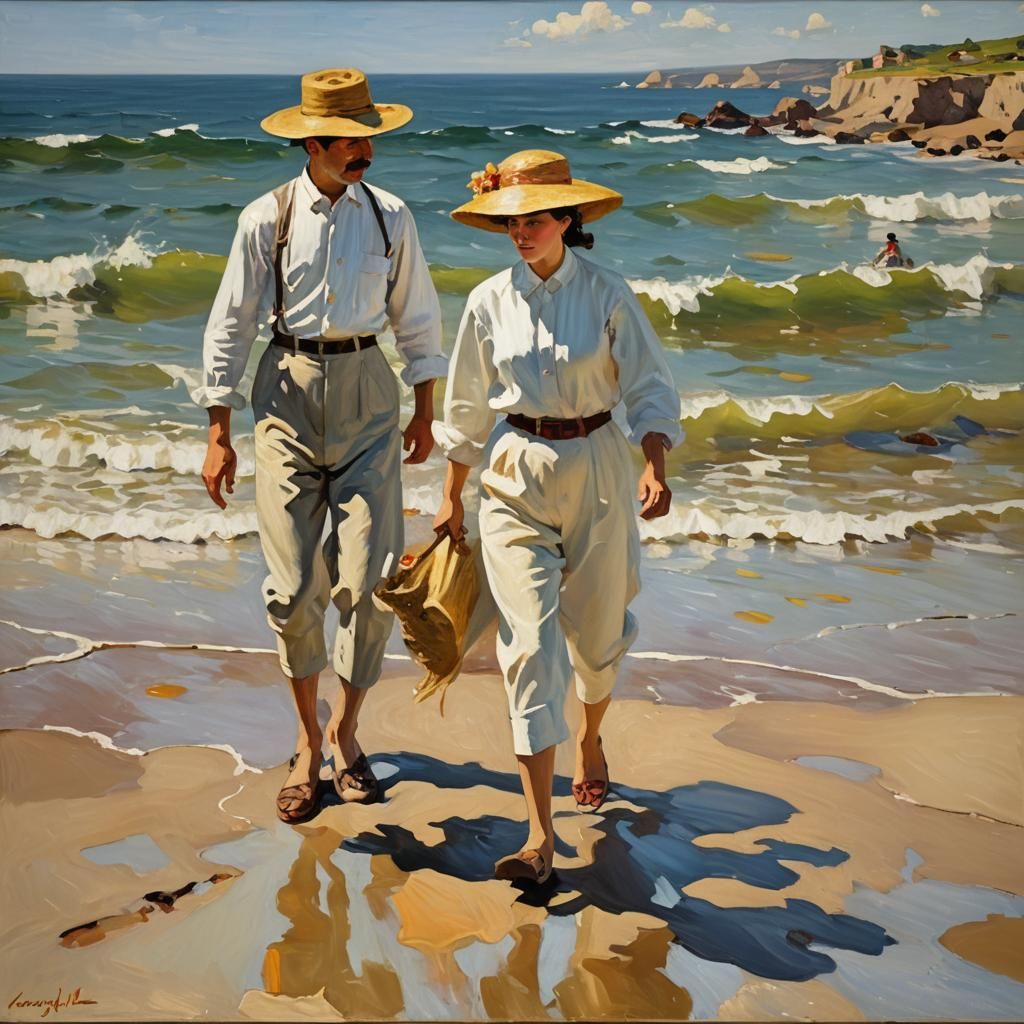 Strolling Seashore: Impasto Oil Painting Recreation