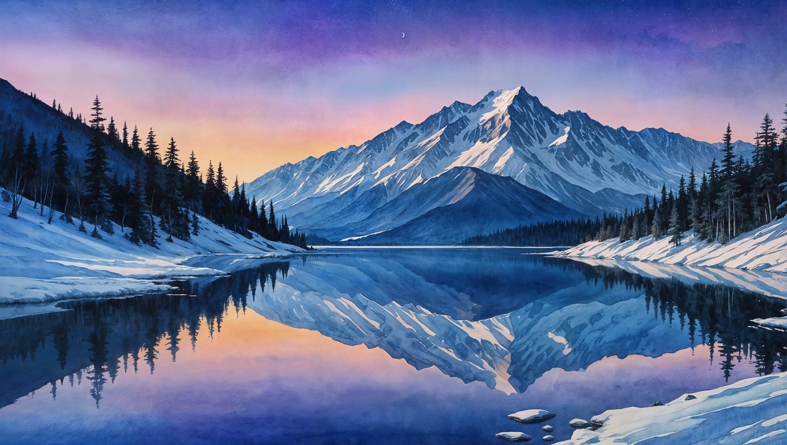 Watercolor Twilight Mountain Lake Reflection