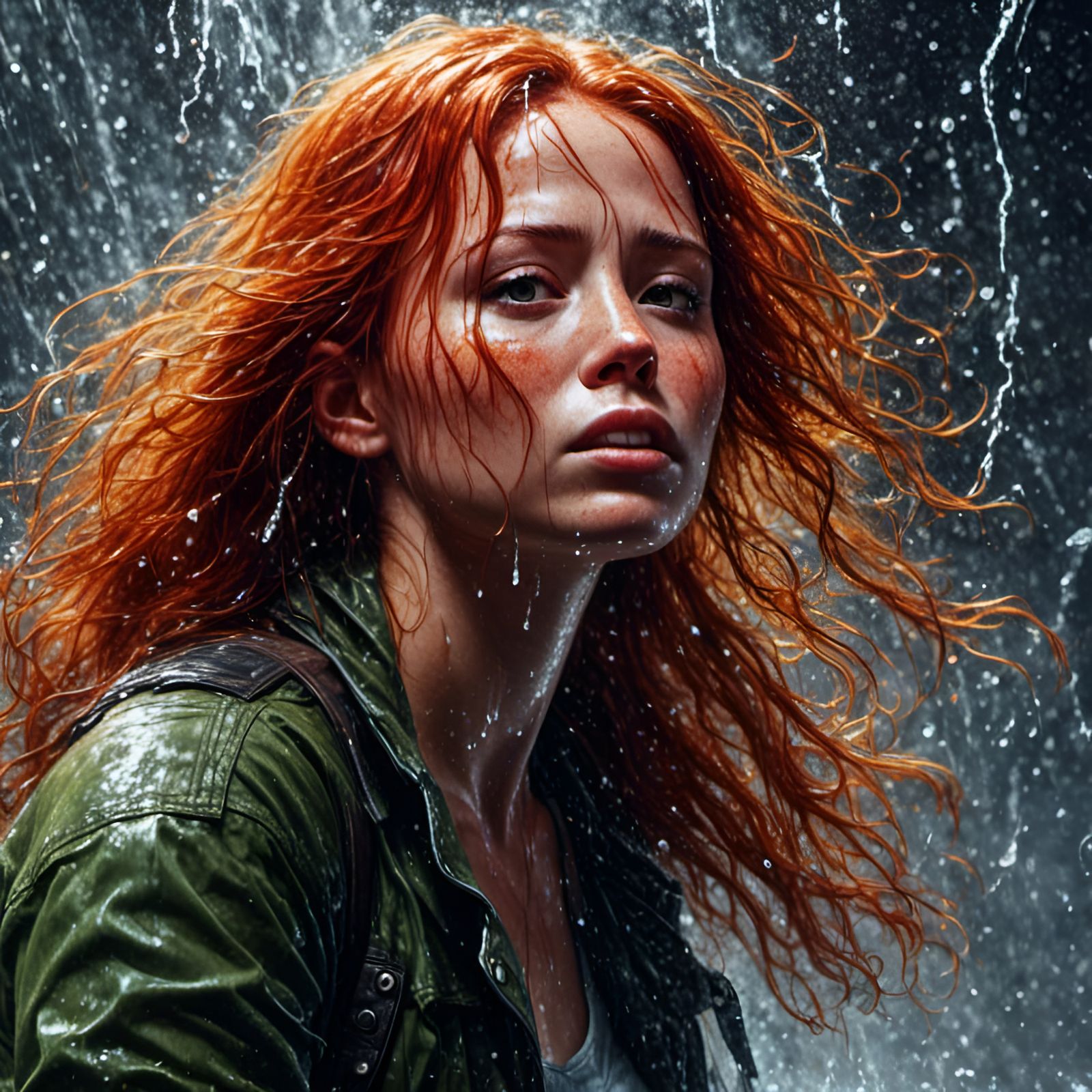Redhead in Splatter Graffiti Style with Water Droplets