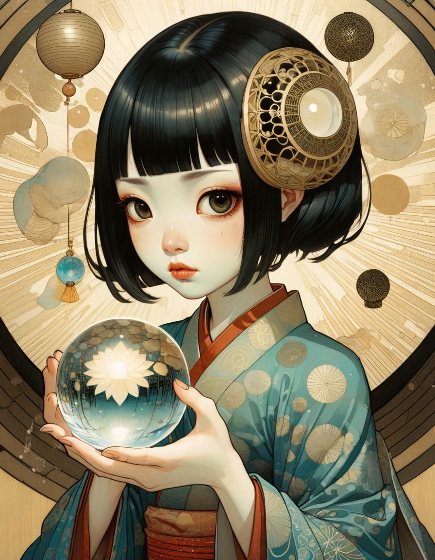 Girl Holding Crystal Ball in Modern Art Style