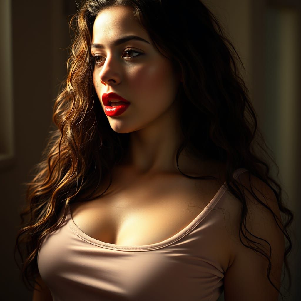 Sensual Woman in Wet T-Shirt, Art Nouveau Style