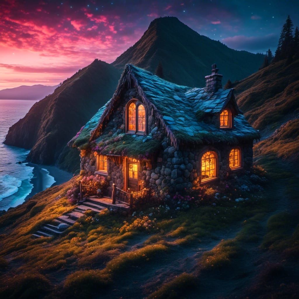 Stone Cottage on Pacific Coast Beach, Digital Painting