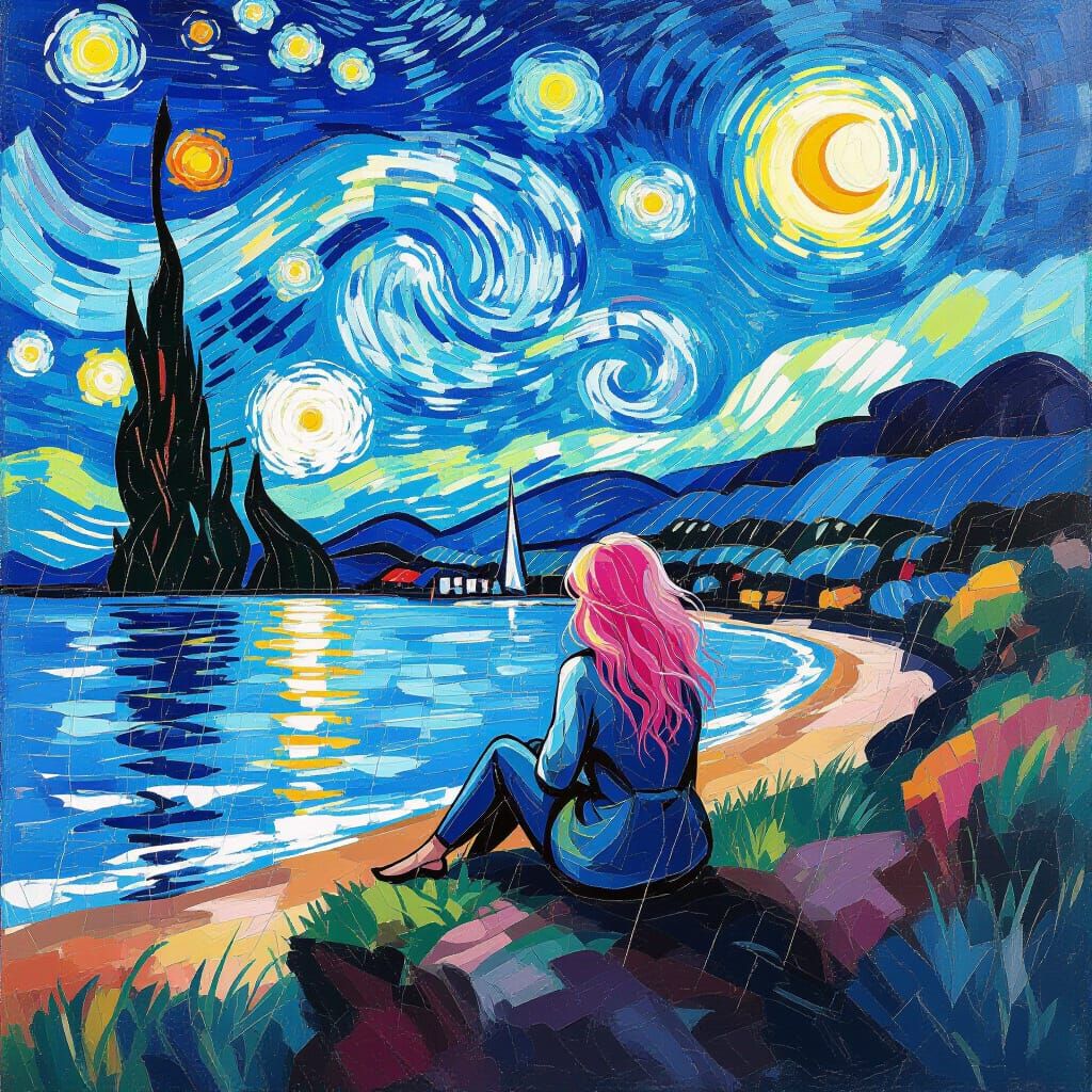 Pink-Haired Woman in Rainy Van Gogh Style Seascape