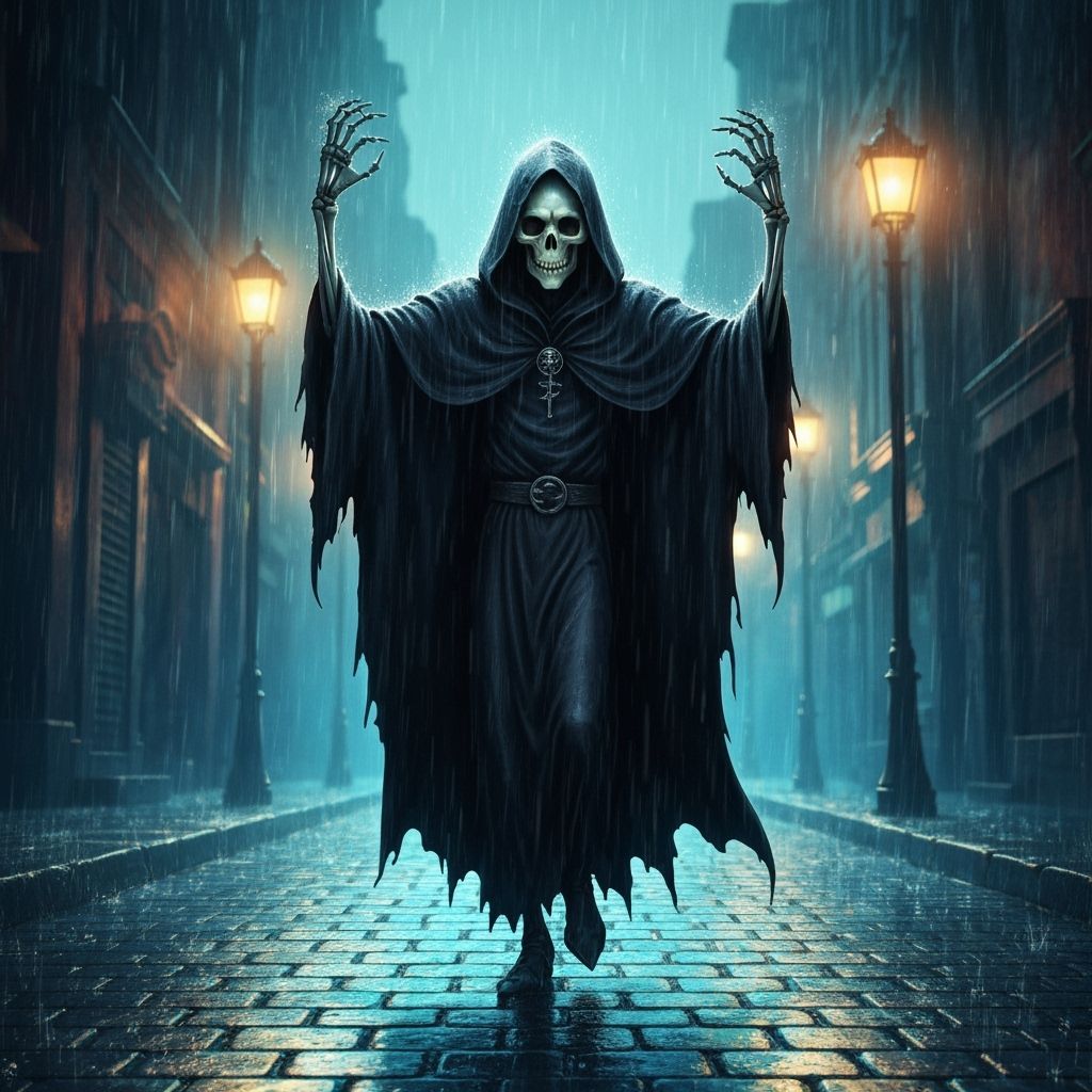 Grim Reaper Dancing in Rain: Eerie Digital Art
