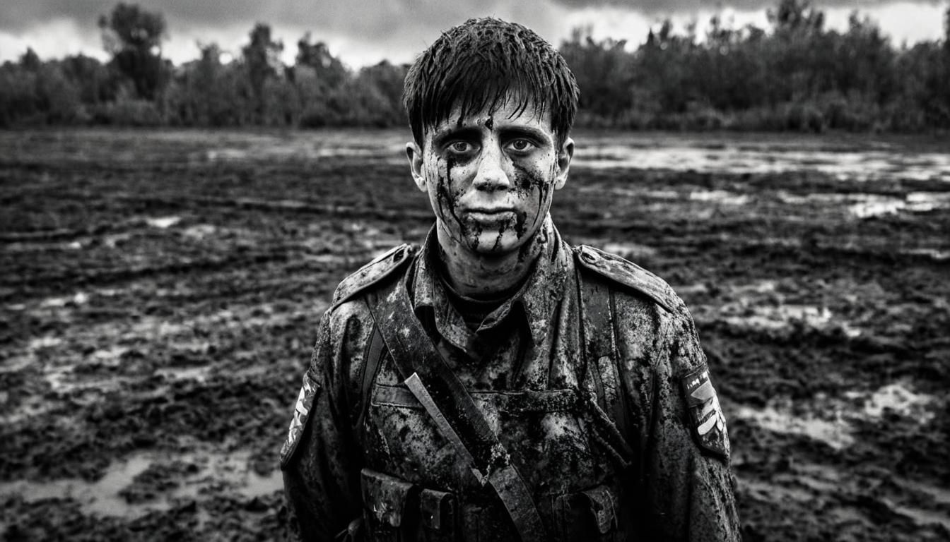 Gritty Film Noir: Russian Soldier in Muddy Field