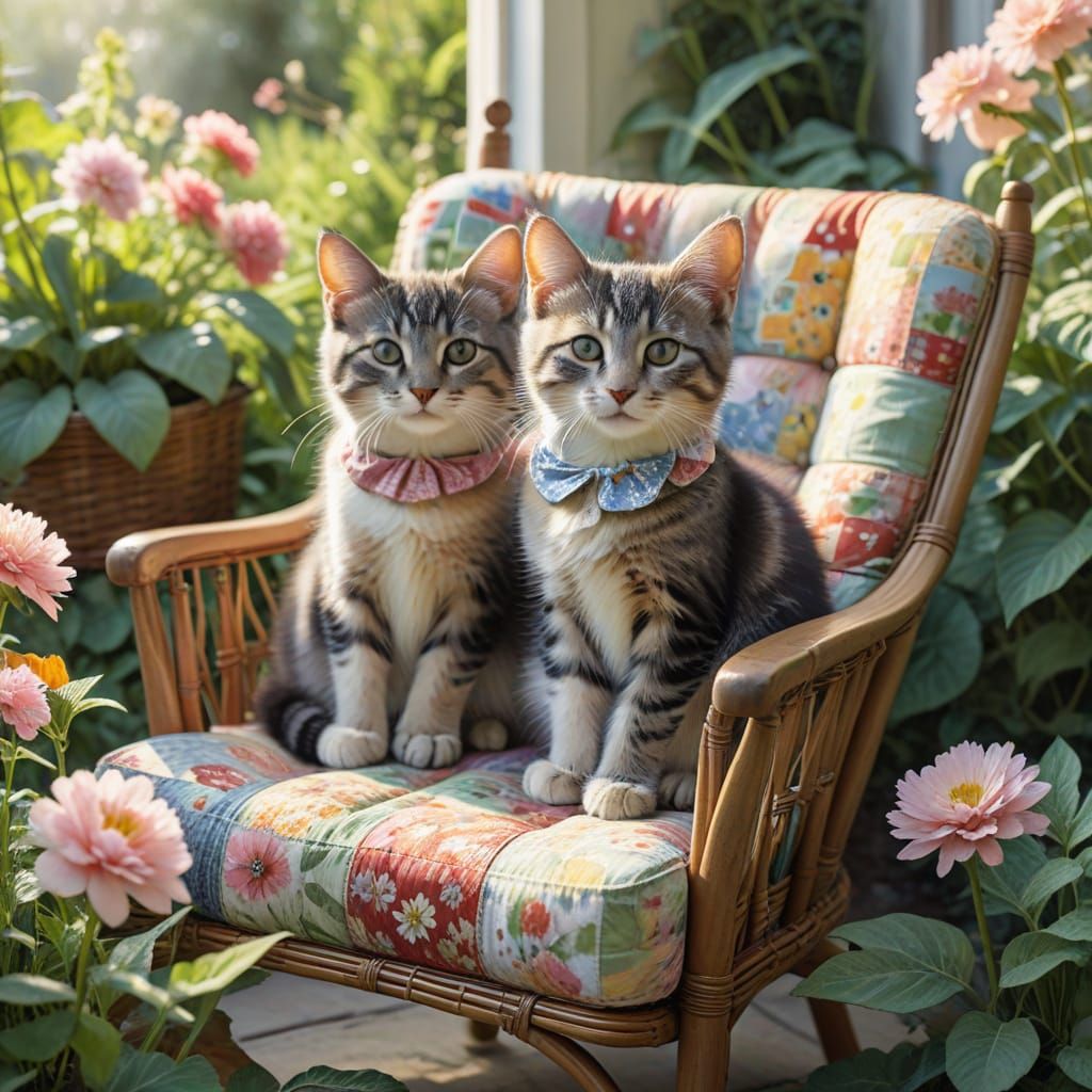 Whimsical Watercolor Kitten Scene with Blooming Backyard